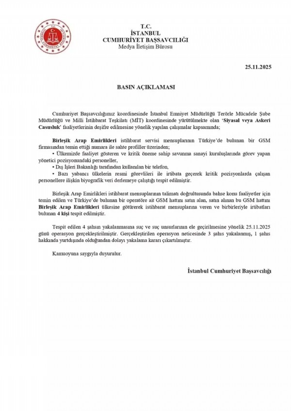 BAE casusluk ağına operasyon! İstanbul Cumhuriyet Başsavcılığı duyurdu